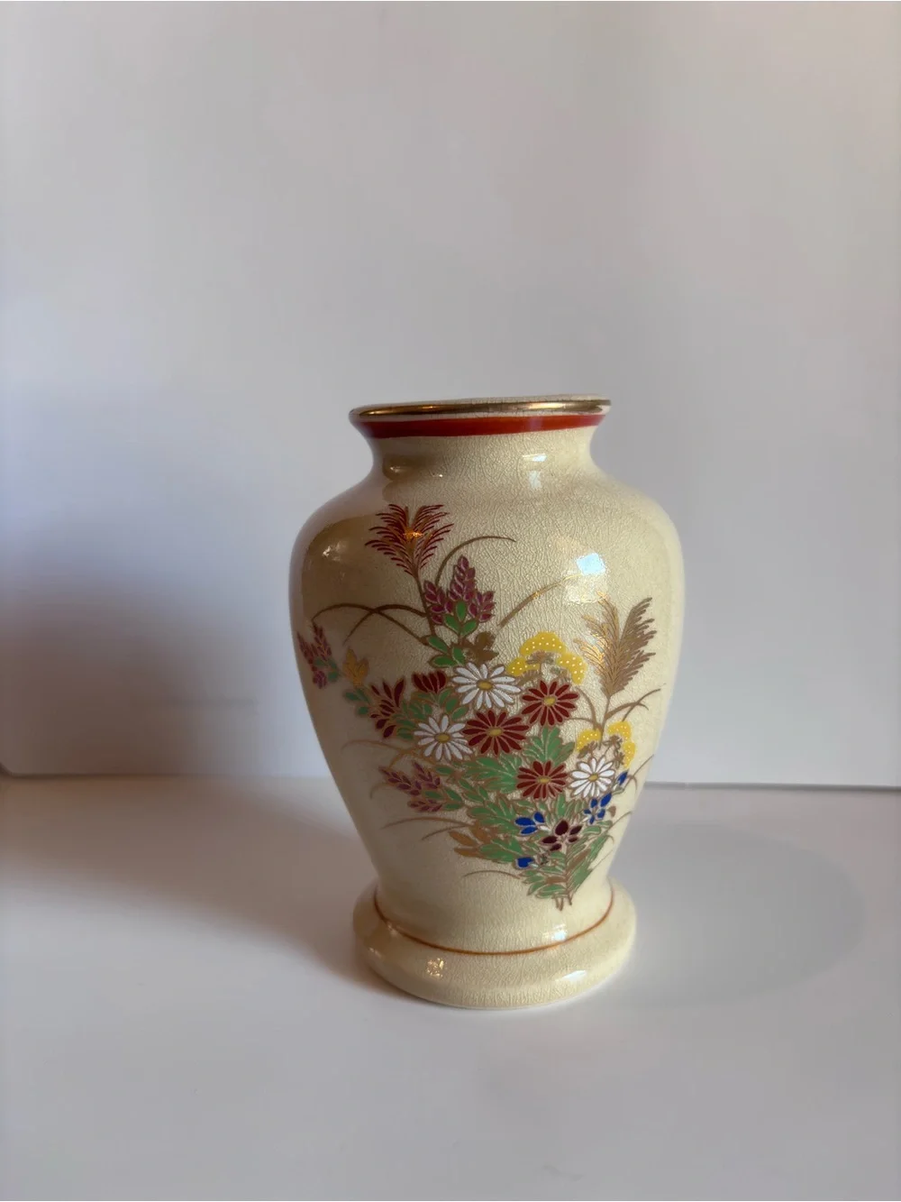 Vintage Japanese Satsuma Ware Floral Chrysanthemum Vase Crackle Glaze Gilt